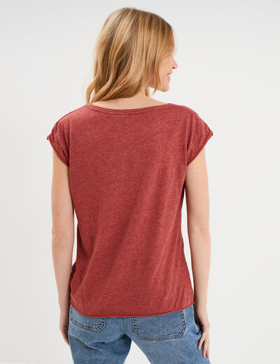 T-shirt col v poche poitrine rouge fonc&eacute; femme