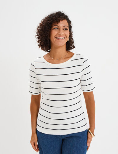 T-shirt col rond manches courtes coton ecru femme