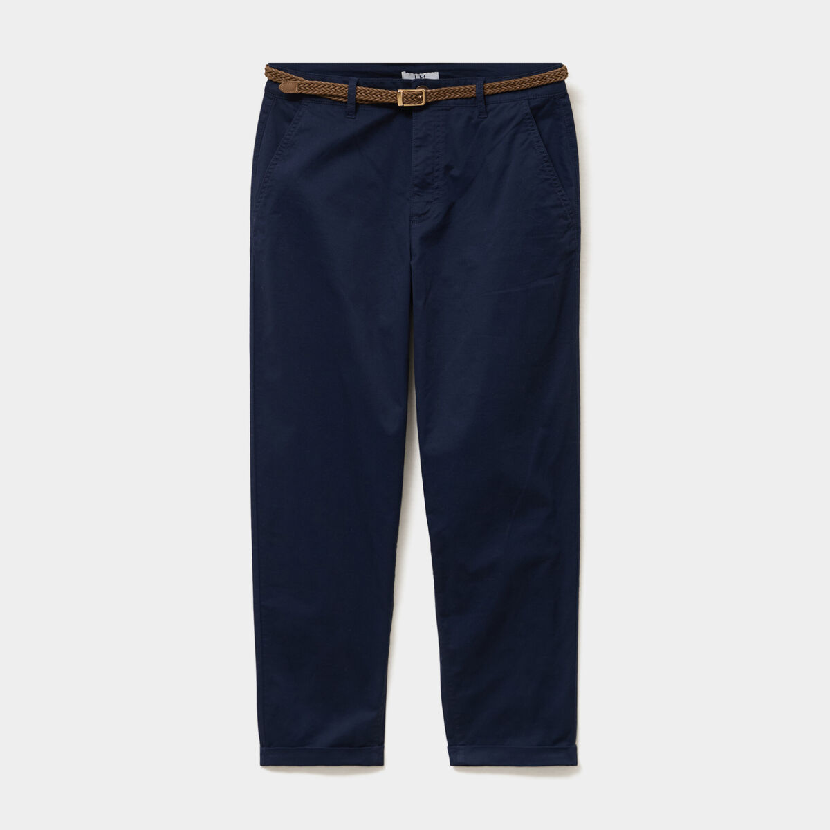 Pantalon chino regular ceinture tress&eacute;e bleu marine femme
