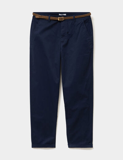 Pantalon chino regular ceinture tress&eacute;e bleu marine femme