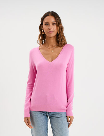 Pull col en V manches longues rose femme