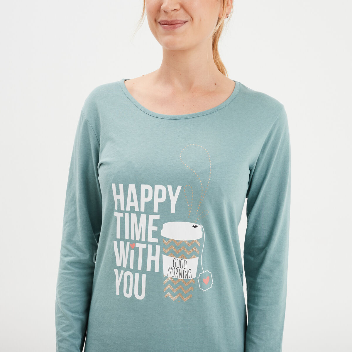 Chemise de nuit manches longues coton bleu gris femme