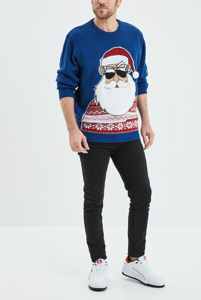Pull Père-Noël col rond avec pompon bleu homme