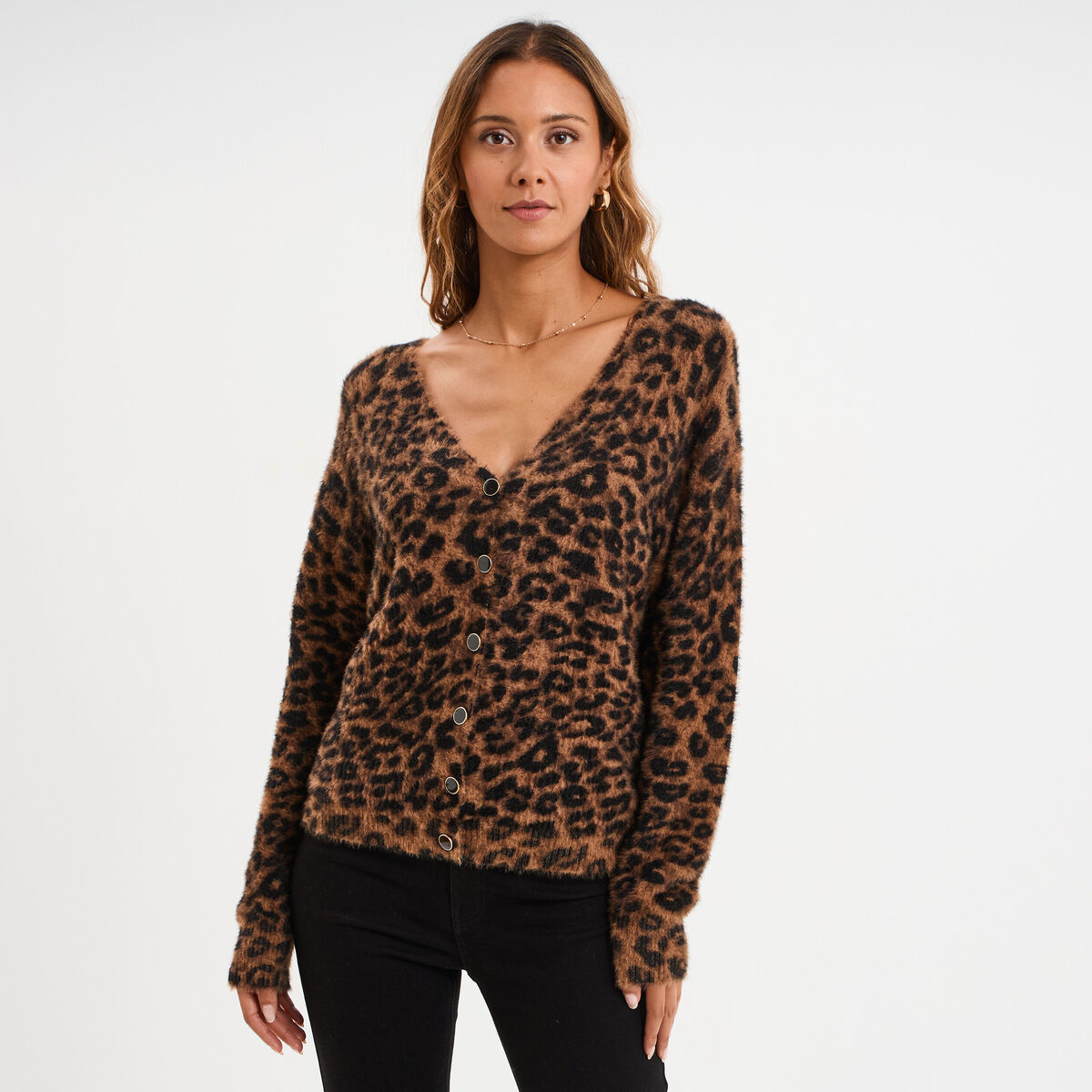 Gilet col en V manches longues camel femme