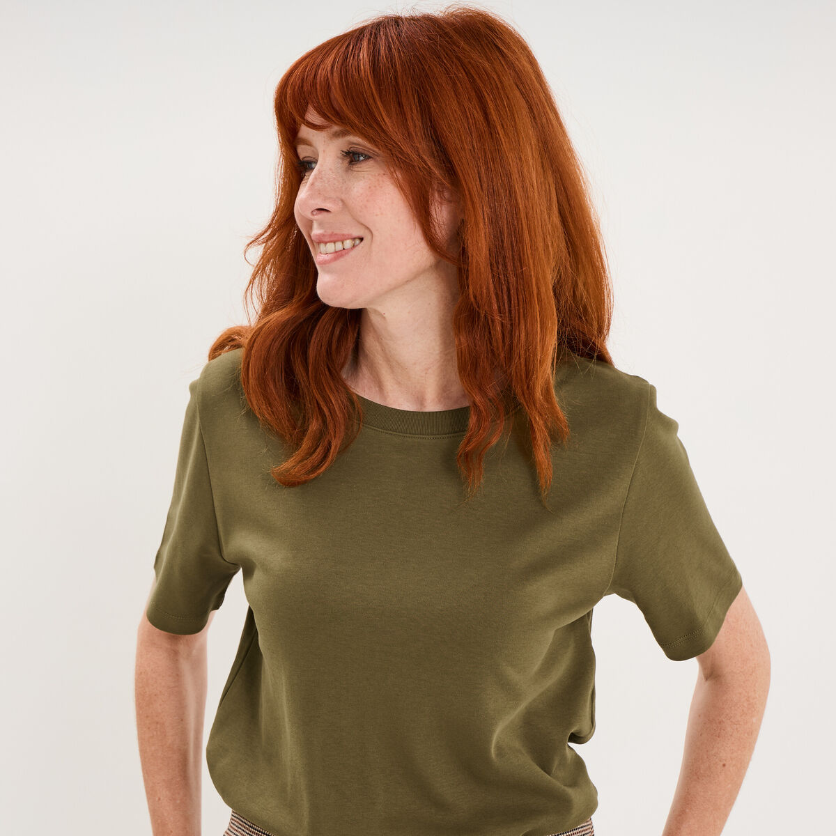 T-shirt manches courtes col rond coton vert kaki femme