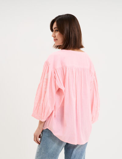 Blouse oversize manches brod&eacute;es rose fluo femme
