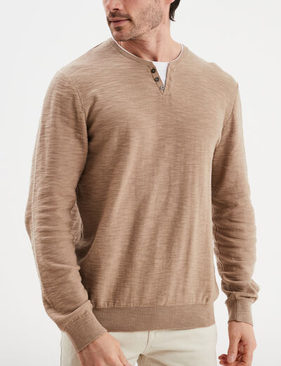 Pull col tunisien coton Liberto taupe homme