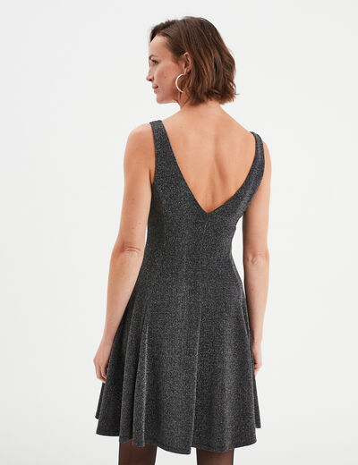Robe patineuse fils métallisés col en V gris argent femme