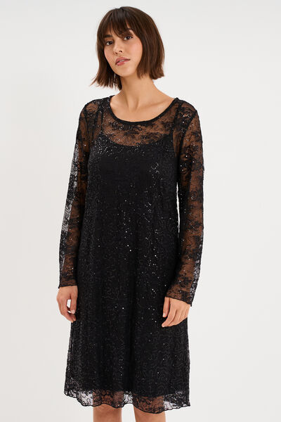 Robe dentelle et sequins doubl&eacute;e noir femme