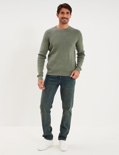 Pull en maille textur&eacute;e col rond vert kaki homme