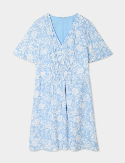 Robe courte col en V taille smock&eacute;e bleu ciel femme