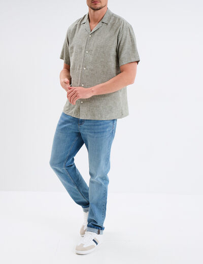 Chemise manches courtes mélange lin vert kaki homme