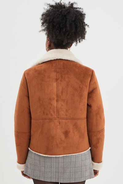 Veste col aviateur zipp&eacute;e doubl&eacute;e camel femme