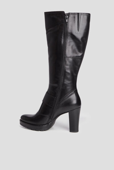Bottes cuir à talons avec boucles noir femme