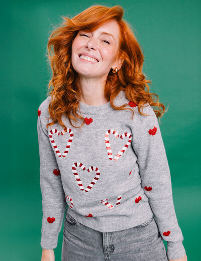 Pull No&euml;l avec sequins et col rond gris clair femme