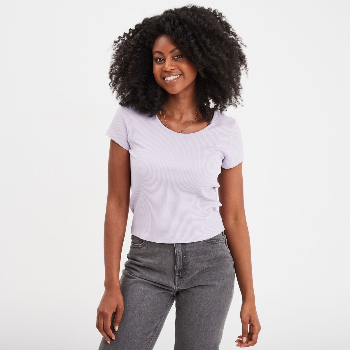 T-shirt manches courtes côtelé violet clair femme