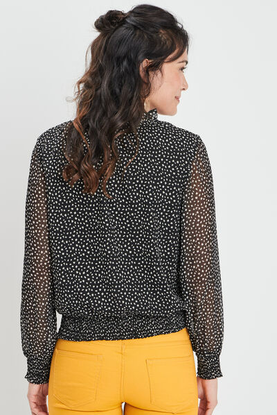 Blouse manches longues col montant noir femme