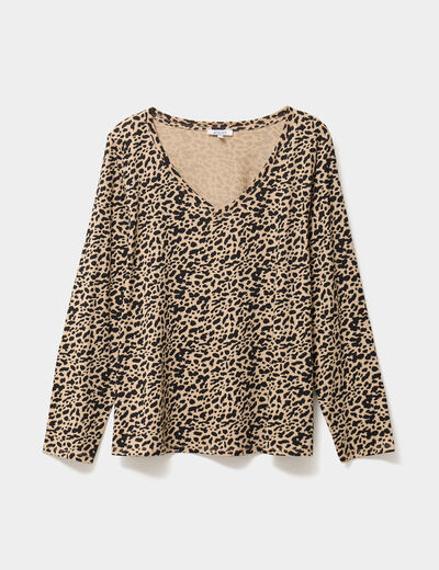 T-shirt col en V manches longues coton beige femme grande taille