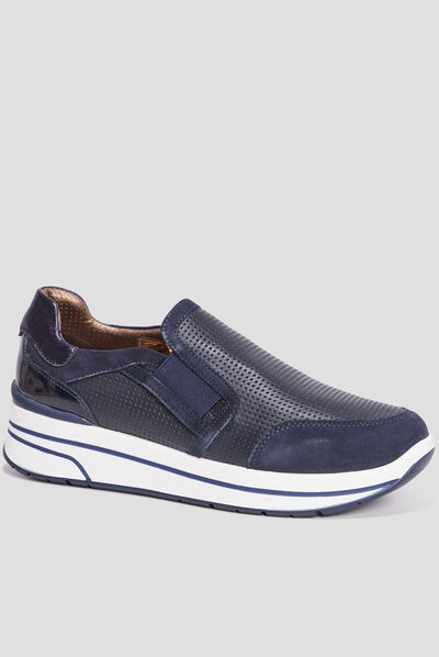 Loafers emboîtants en cuir pied large bleu marine femme