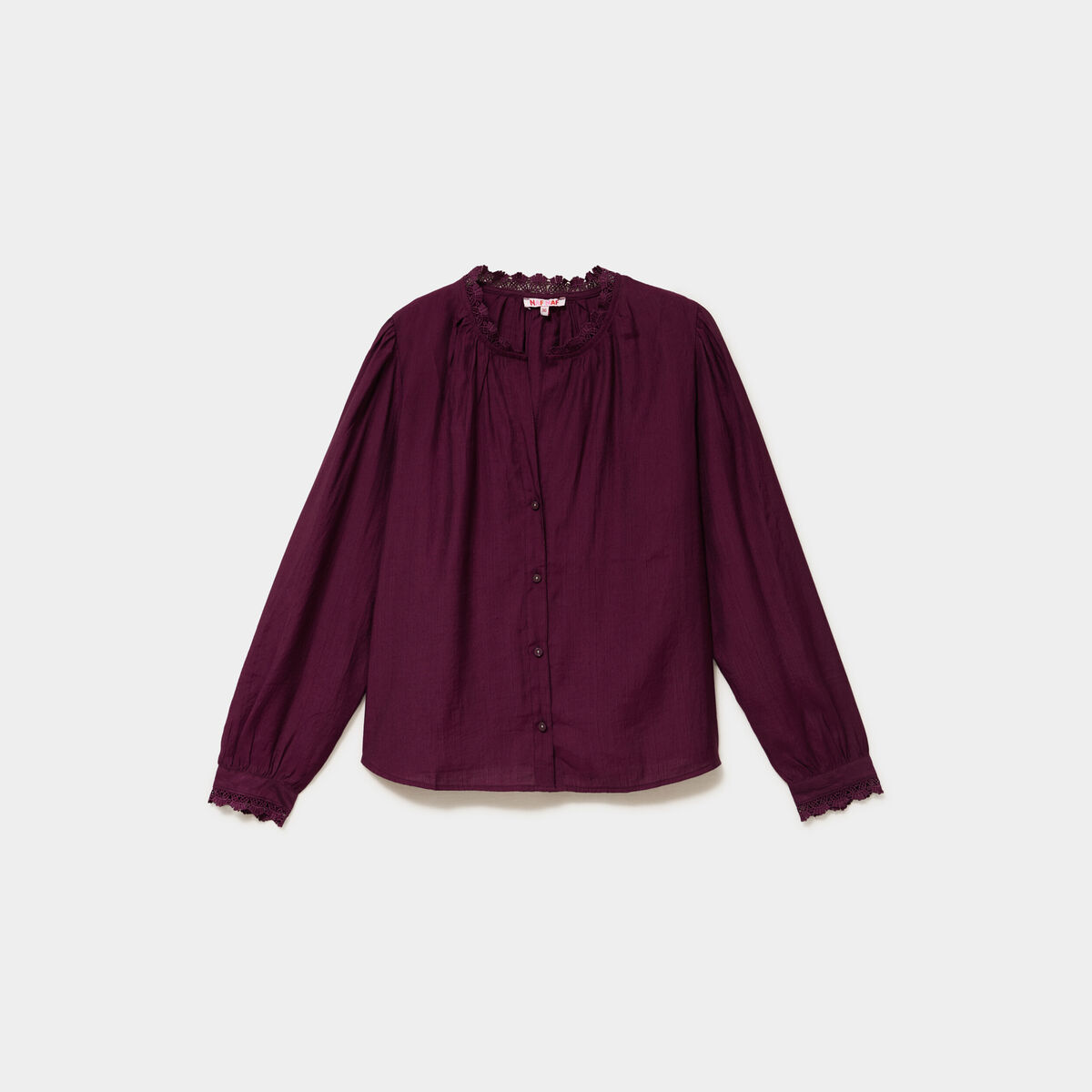 Blouse manches longues col dentelle violet fonc&eacute; femme