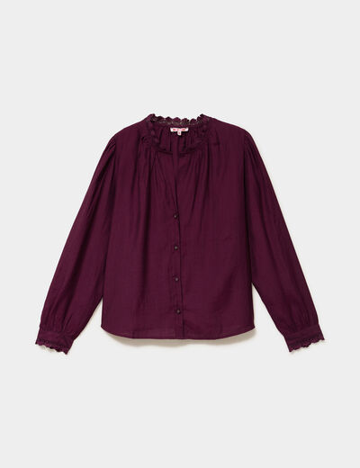 Blouse manches longues col dentelle violet fonc&eacute; femme
