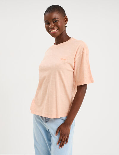 T-shirt col rond manches courtes coton orange corail femme