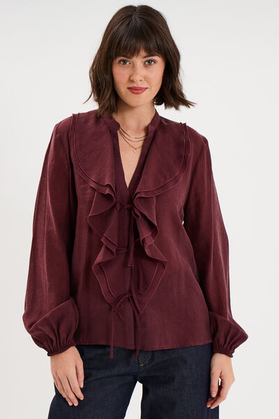 Blouse manches longues col V &agrave; volants violet fonc&eacute; femme