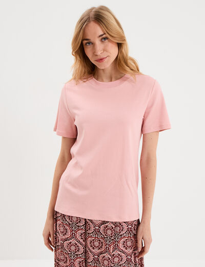 T-shirt col rond manches courtes coton rose femme