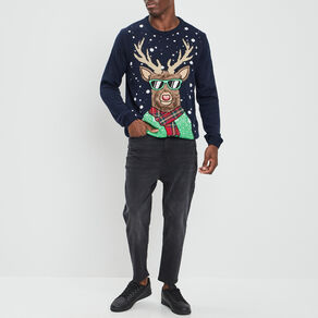 Pull de Noël avec col rond bleu marine homme
