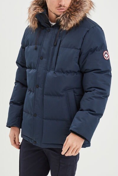 Parka courte avec capuche fourrure bleu marine homme