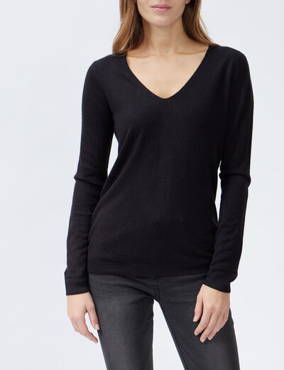 Pull col V manches longues noir femme