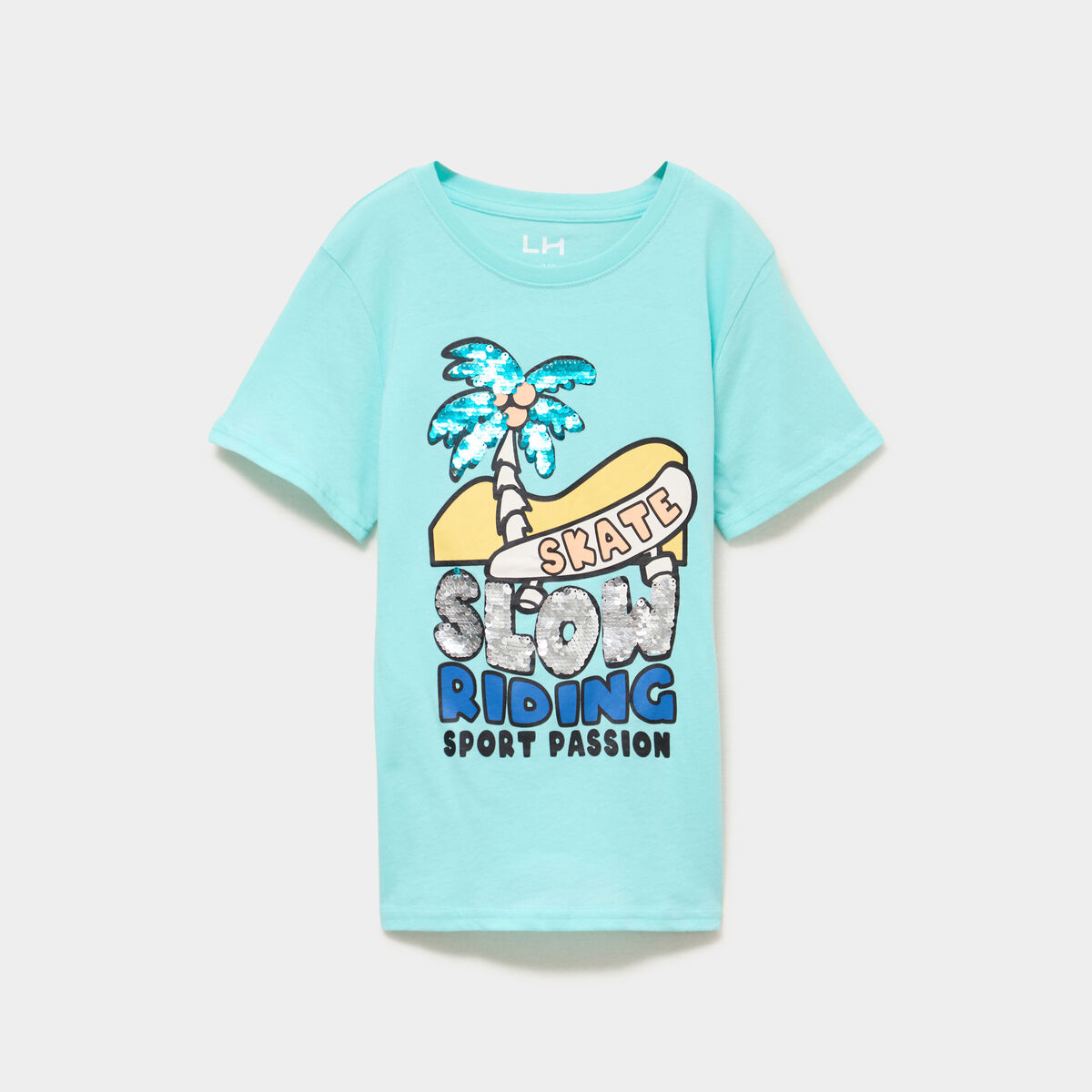 T-shirt &agrave; sequins manches courtes coton bleu turquoise gar&ccedil;on