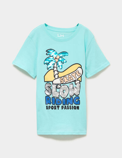 T-shirt &agrave; sequins manches courtes coton bleu turquoise gar&ccedil;on