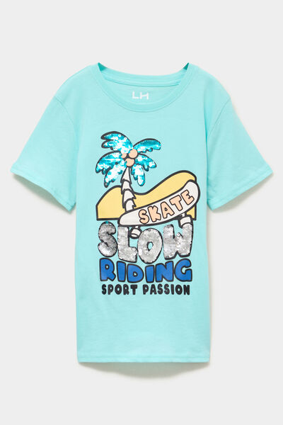 T-shirt &agrave; sequins manches courtes coton bleu turquoise gar&ccedil;on