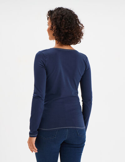 T-shirt manches longues col en V coton bleu marine femme
