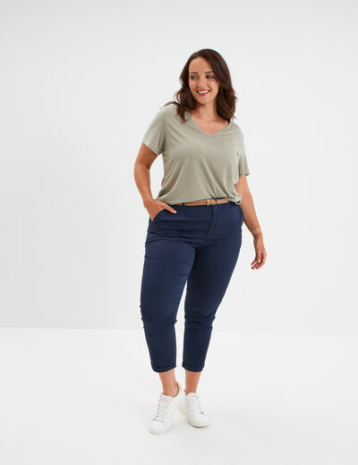 T-shirt manches courtes col V vert kaki femme grande taille