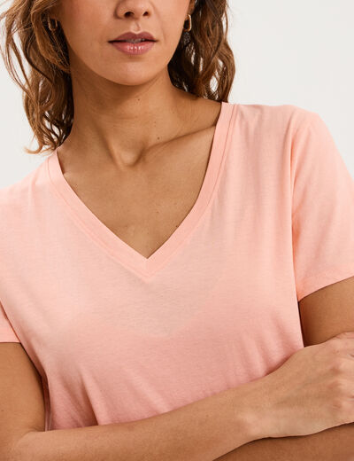 T-shirt manches courtes col en V coton rose poudr&eacute;e femme