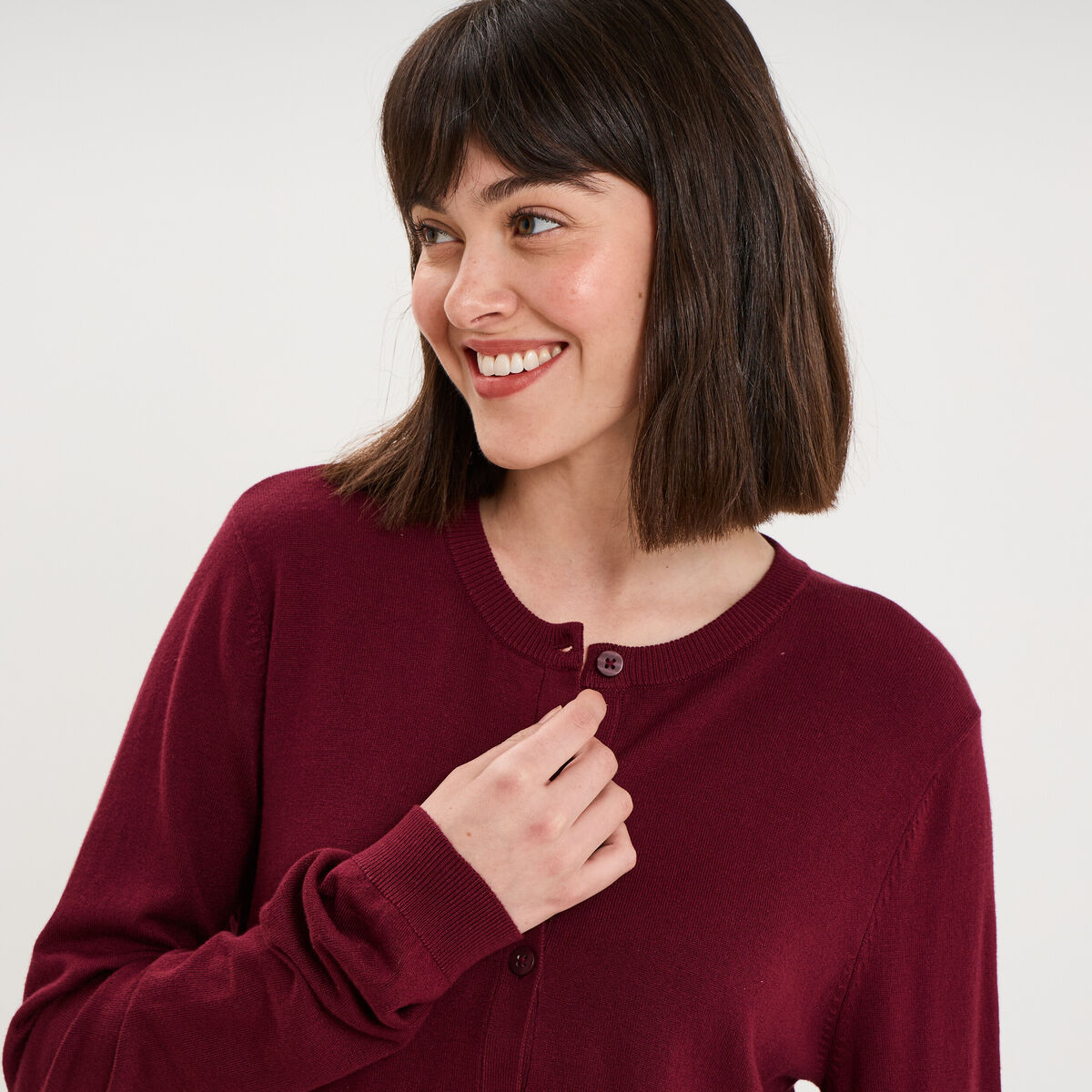 Gilet col rond manches longues bordeaux femme