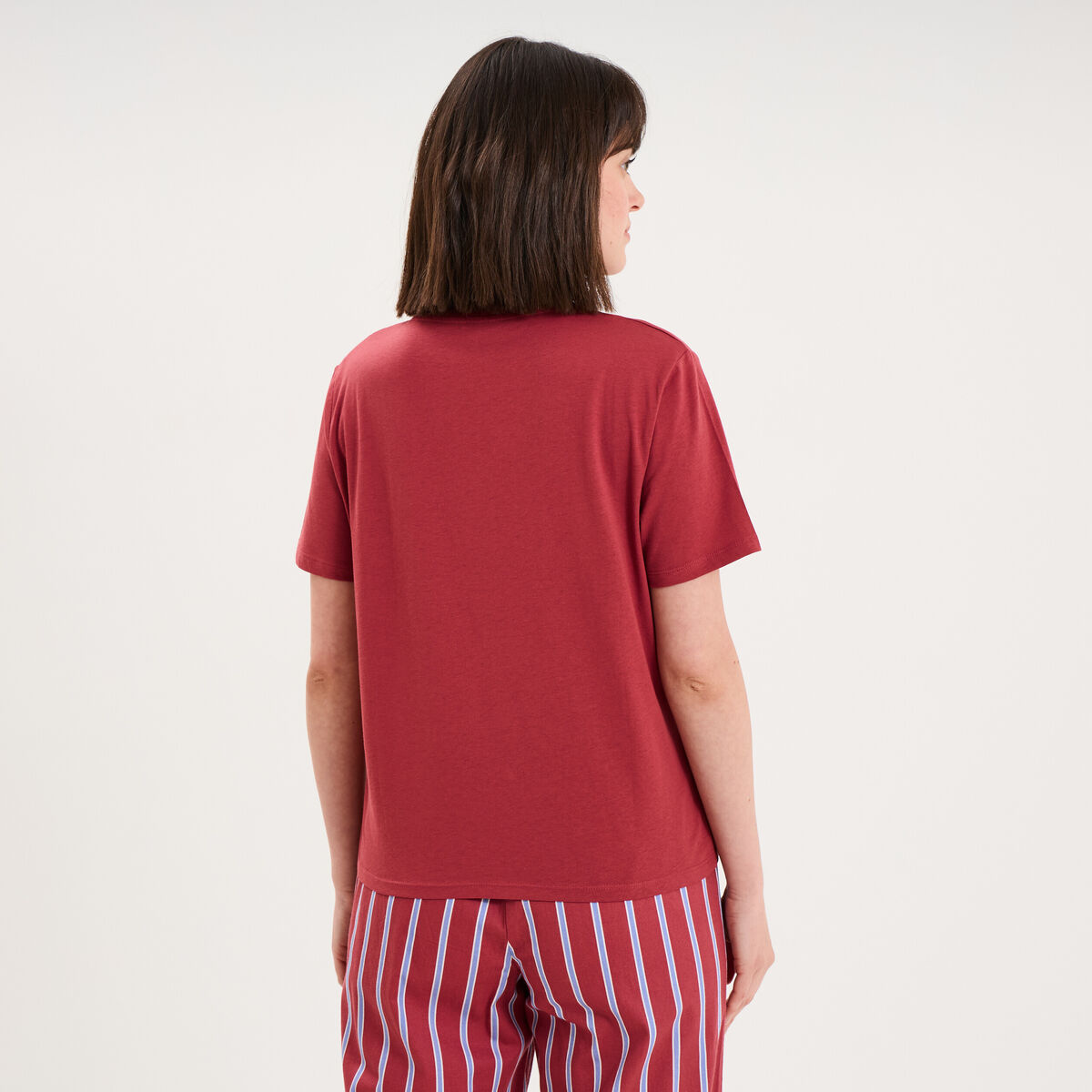 T-shirt col rond manches courtes coton rouge fonc&eacute; femme