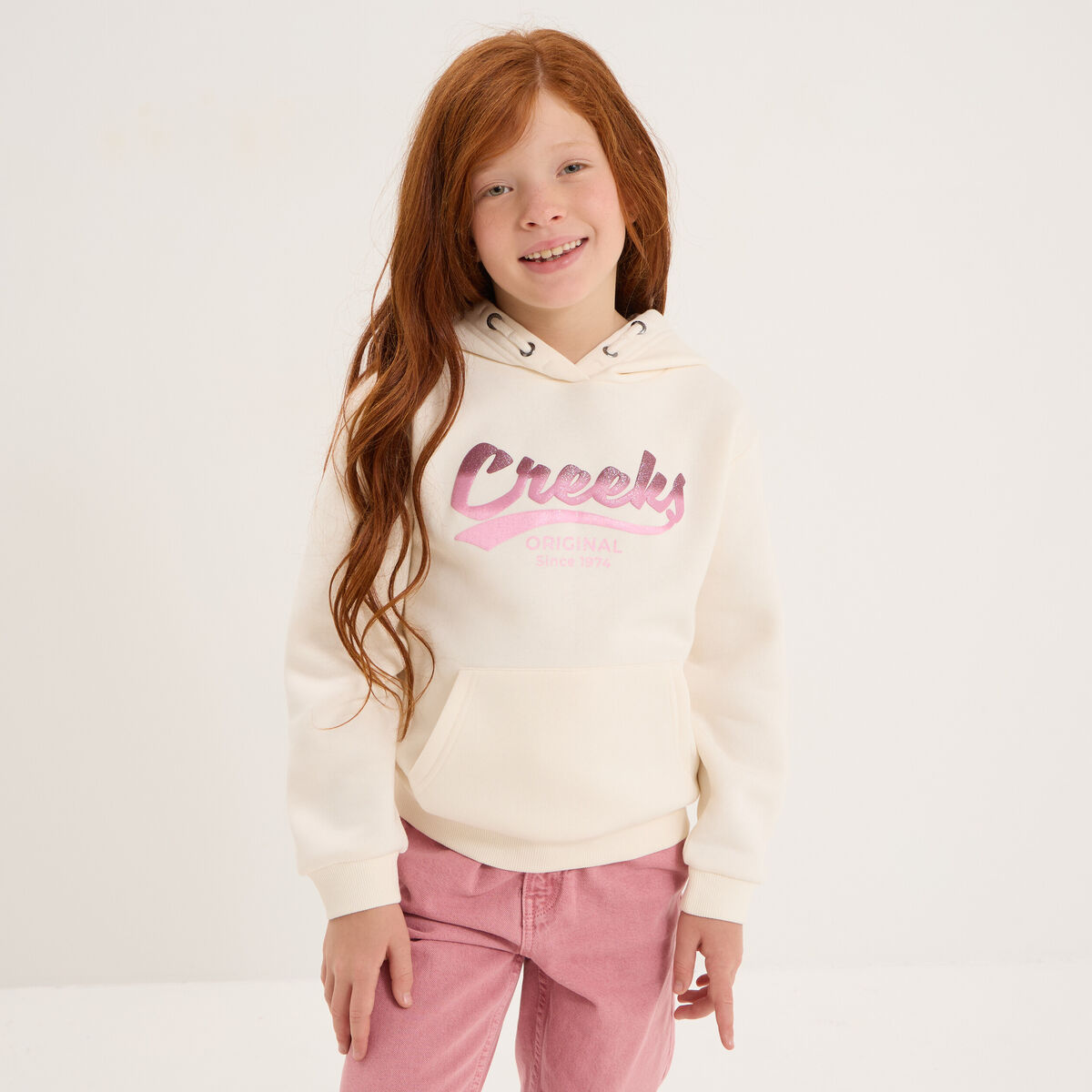 Sweat &agrave; capuche hoodie &agrave; logo creme fille