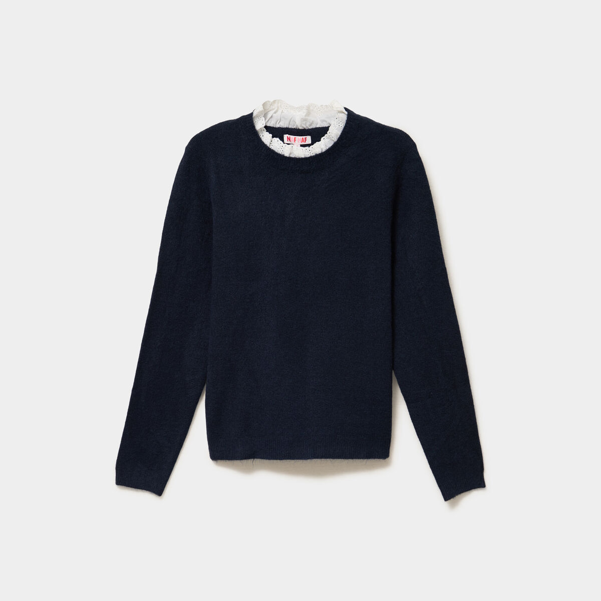 Pull 2 en 1 col rond broderie anglaise bleu fonc&eacute; femme