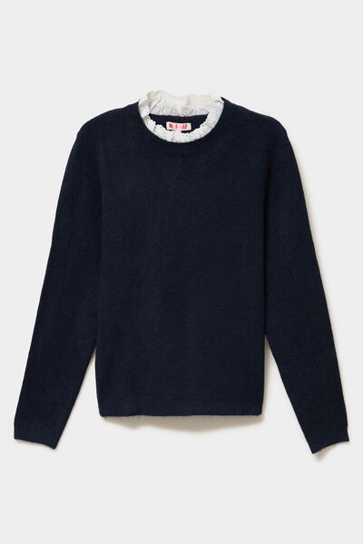 Pull 2 en 1 col rond broderie anglaise bleu fonc&eacute; femme