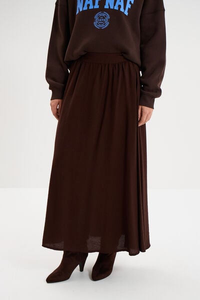 Jupe longue &eacute;vas&eacute;e taille &eacute;lastiqu&eacute;e marron fonc&eacute; femme