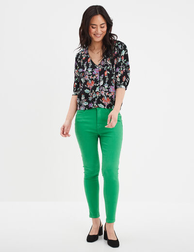 Blouse col en V manches ballons noir femme