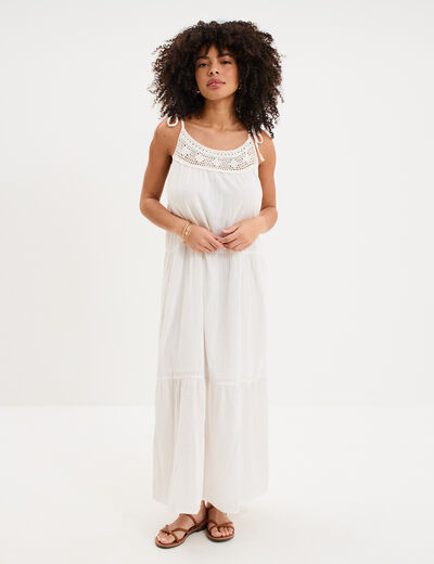 Robe longue bretelles nou&eacute;es coton blanc femme