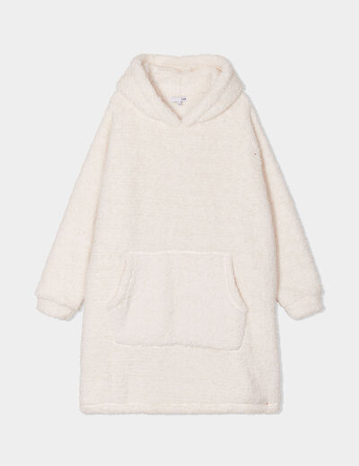 Sweat long à capuche effet laine mouton ivoire femme