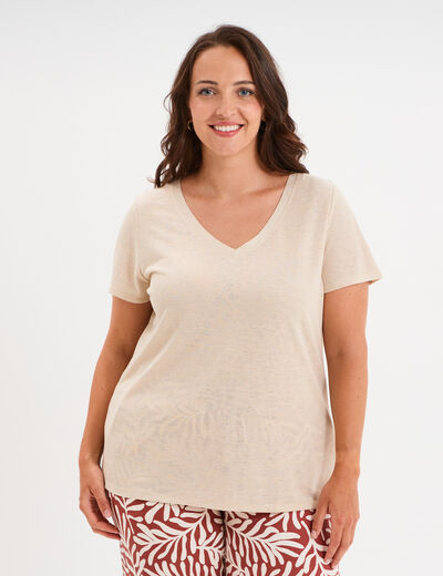 T-shirt col en V manches courtes beige femme grande taille