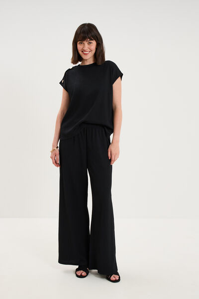 Pantalon effet gaufr&eacute; fluide noir femme
