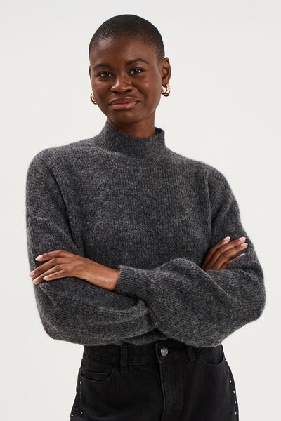 Pull col montant manches longues amples gris fonc&eacute; femme