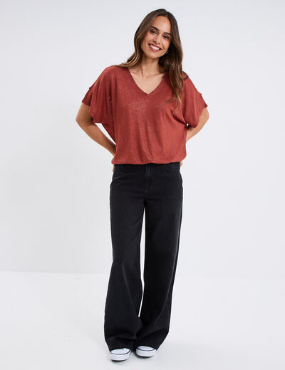 T-shirt épaules ouvertes col en V marron cognac femme